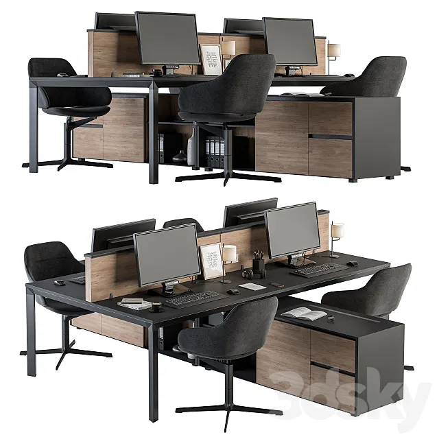 Office Furniture – employee Set Wood and Black 37 3ds Max
