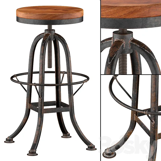 Oleg Industrial loft Iron Base Reclaimed Wood Bar Counter Stool 3DS Max Model