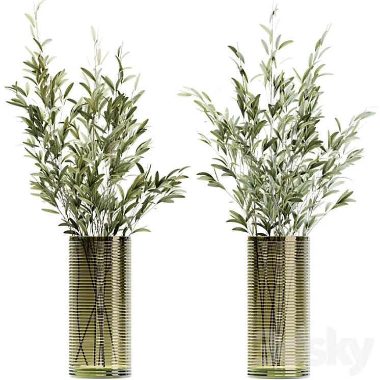 Olive stems in simple glass ribbed vase 3DS Max