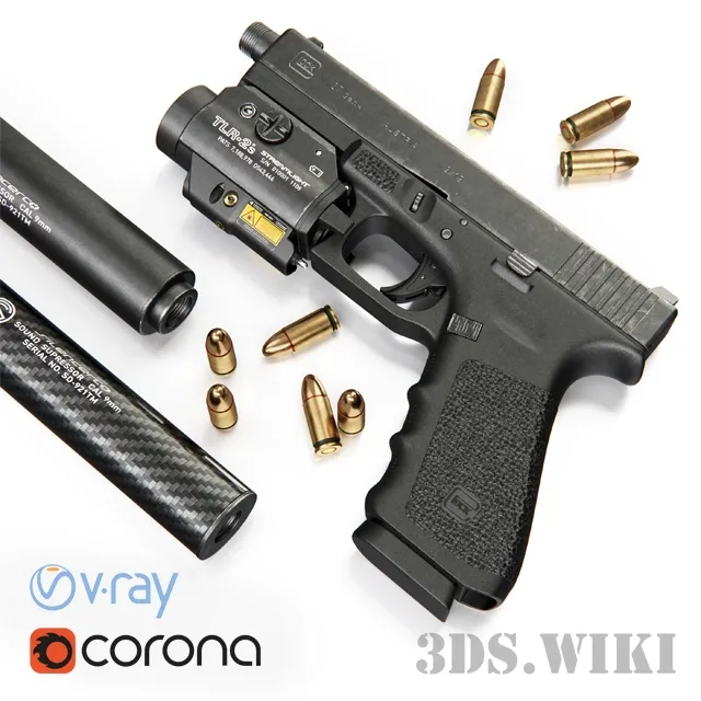 other-models – Pistol Glock 17 Gen4 + Lantern with laser center 3ds Max