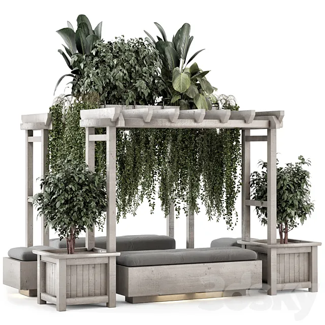 Outdoor Plants on Pergola – Garden Bush and Bench Set 2003 3dsMax Model