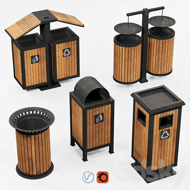 Outdoor wooden trash bins 3ds Max