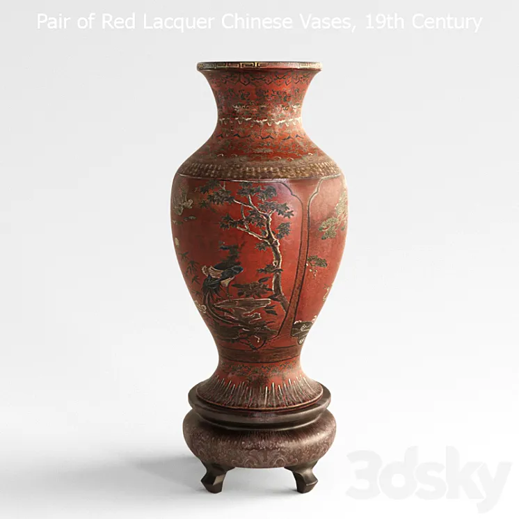 Pair of Red Lacquer Chinese Vases 3DS Max Model