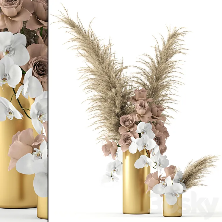 Pale roses and Co in brass vases 3DS Max