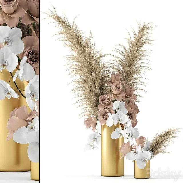 Pale roses and Co in brass vases 3dsMax Model