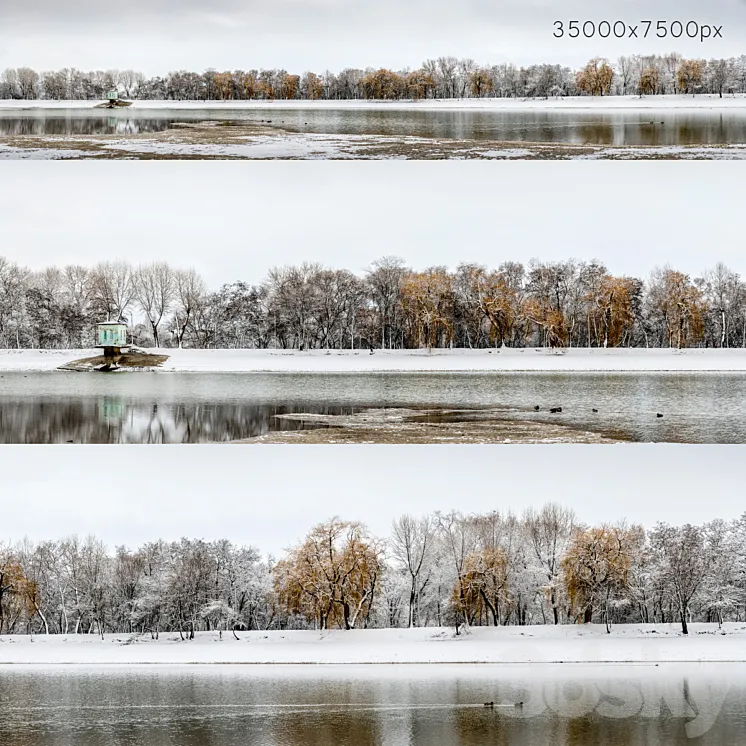 Panorama of the park with a lake and snow-covered trees. 35k 3DS Max