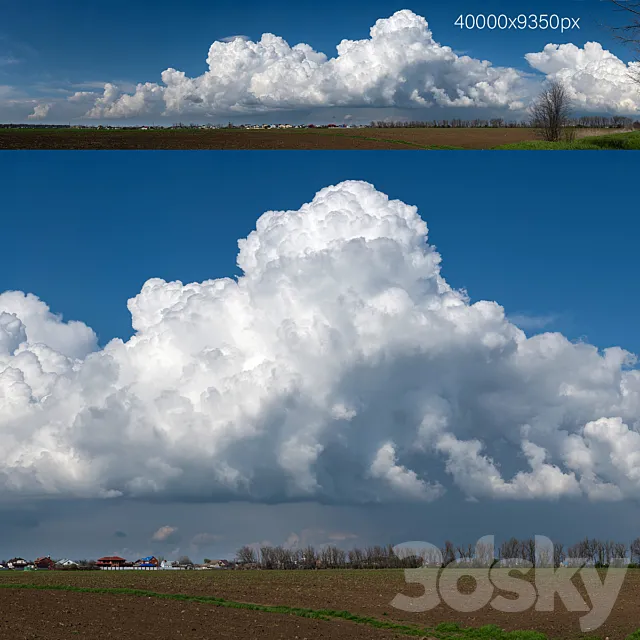 Panorama with beautiful cumulus clouds over the village. 40k 3ds Max