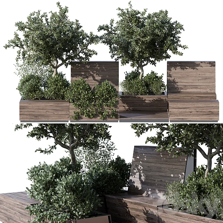 Parklet with bushes and trees – recreation area in the park and urban environment 3DS Max Model