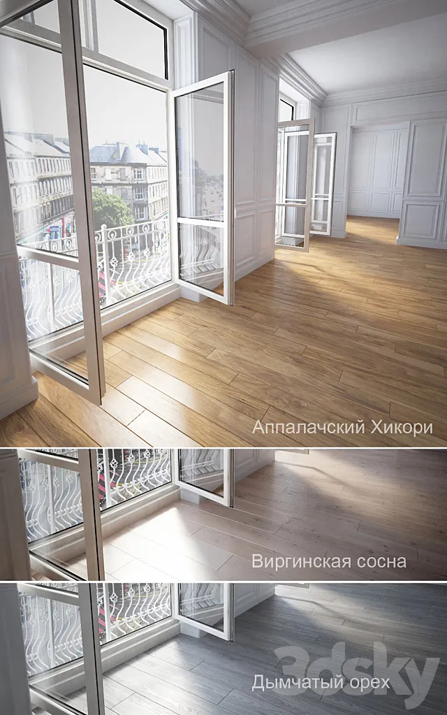 Parquet 3 types: Hickory Pine Smoky opex 3DS Max Model