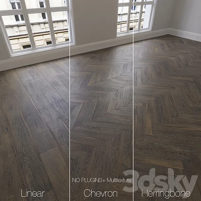 Parquet natural Brown oak 3 types. Linear chevron herringbone. 3DS Max Model