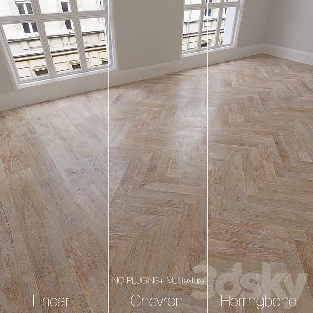 Parquet natural oak Scandinavian 3 types. Linear chevron herringbone. 3ds Max