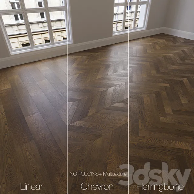 Parquet natural oak smoked 3 kinds. Linear chevron herringbone. 3DS Max Model