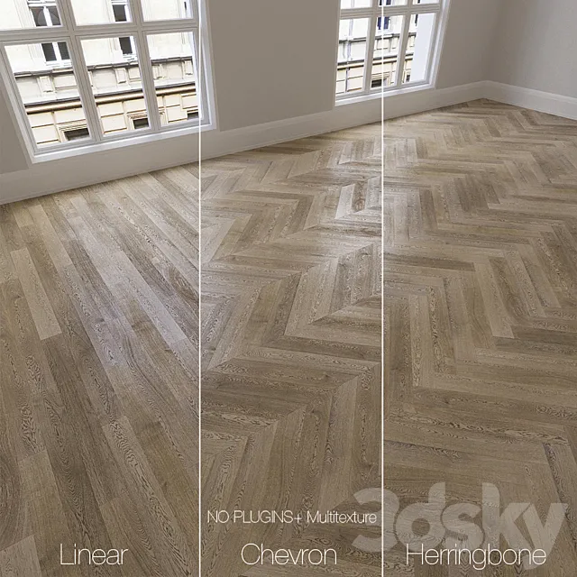 Parquet natural oak Vintage 3 types. Linear chevron herringbone. 3DS Max Model