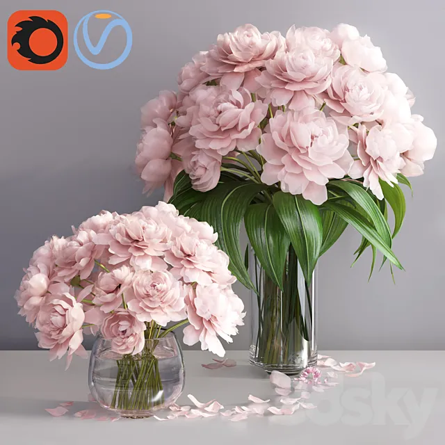 pastel pink peonies in 2 glass vases set 3DSMax File