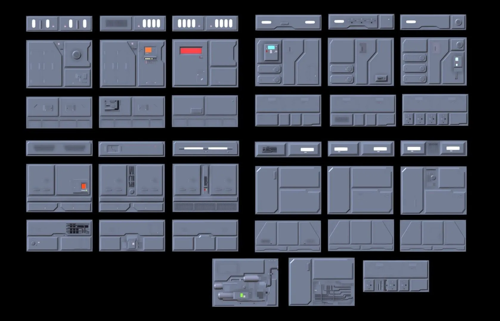 PBR Game 3D Models – 39 Sci Fi Wall Panels With Materials Kitbash