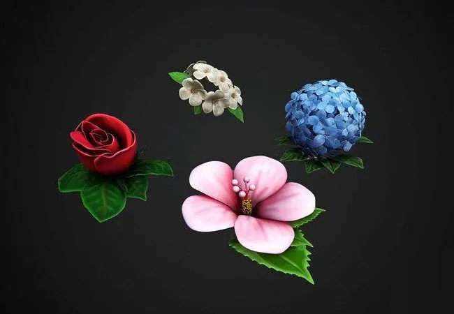 PBR Game 3D Models – 4 Flowers Collection – Rose Jasmin Hortensia Hibiscus