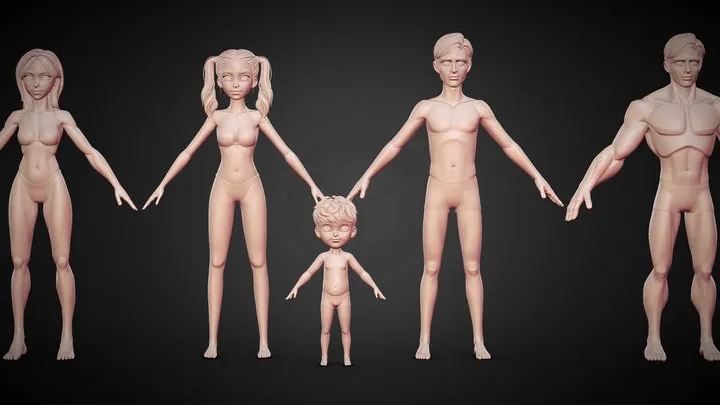PBR Game 3D Models – 5 Cartoon Stylized Woman Man Boy Basemesh