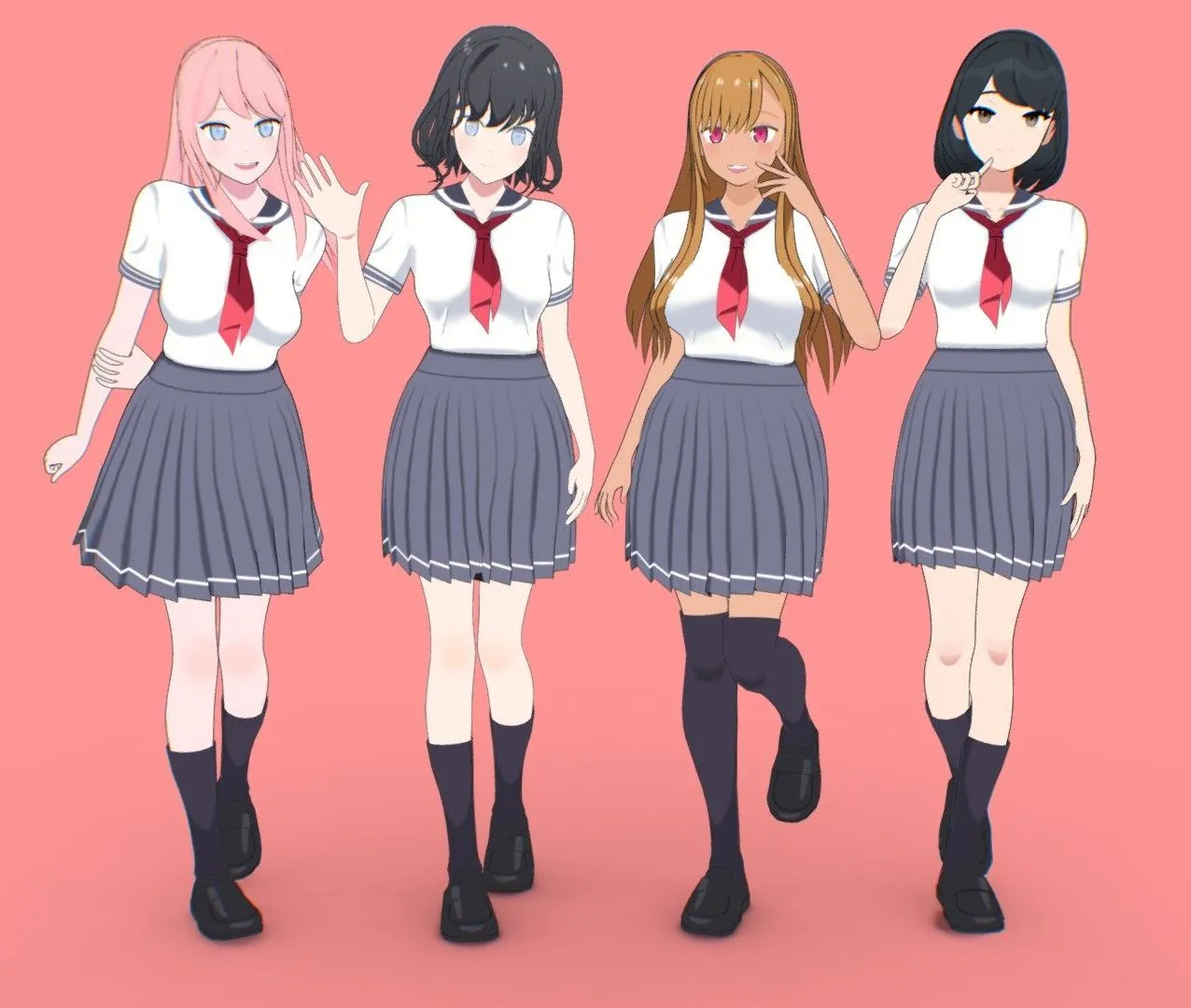 PBR Game 3D Models – Anime Student Girls 3D Collection