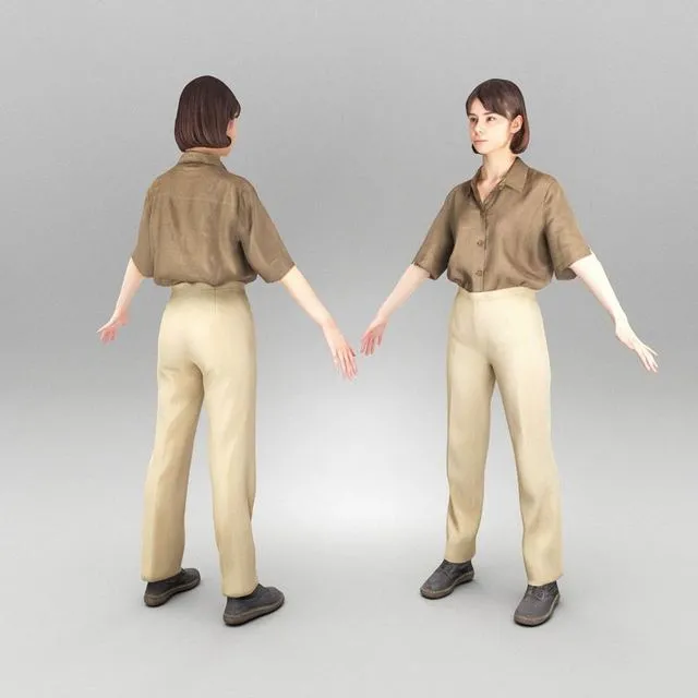 PBR Game 3D Models – Beautiful woman in brown shirt ready for animation 336