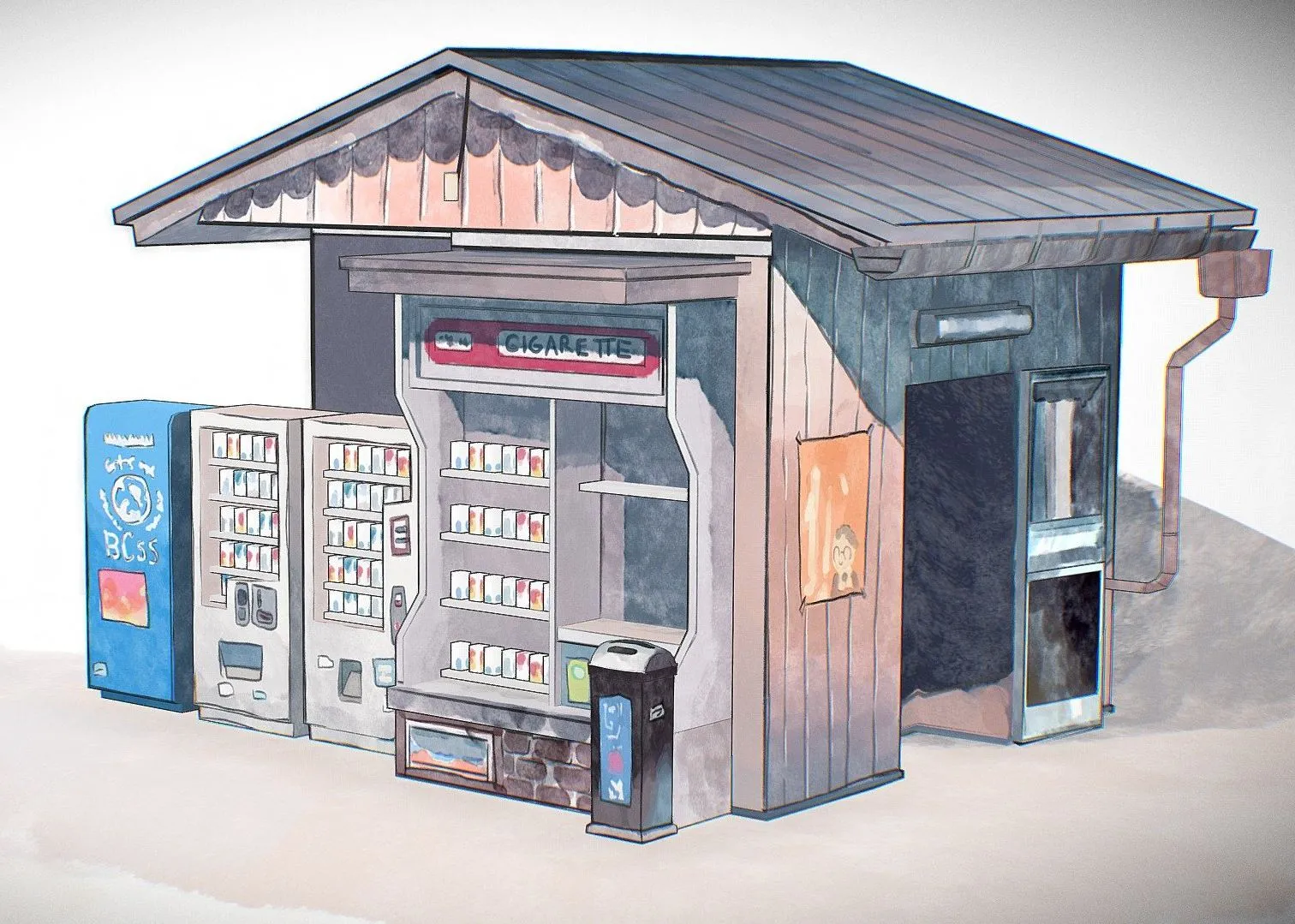 PBR Game 3D Models – Cabin Vendor Watercolor Scene