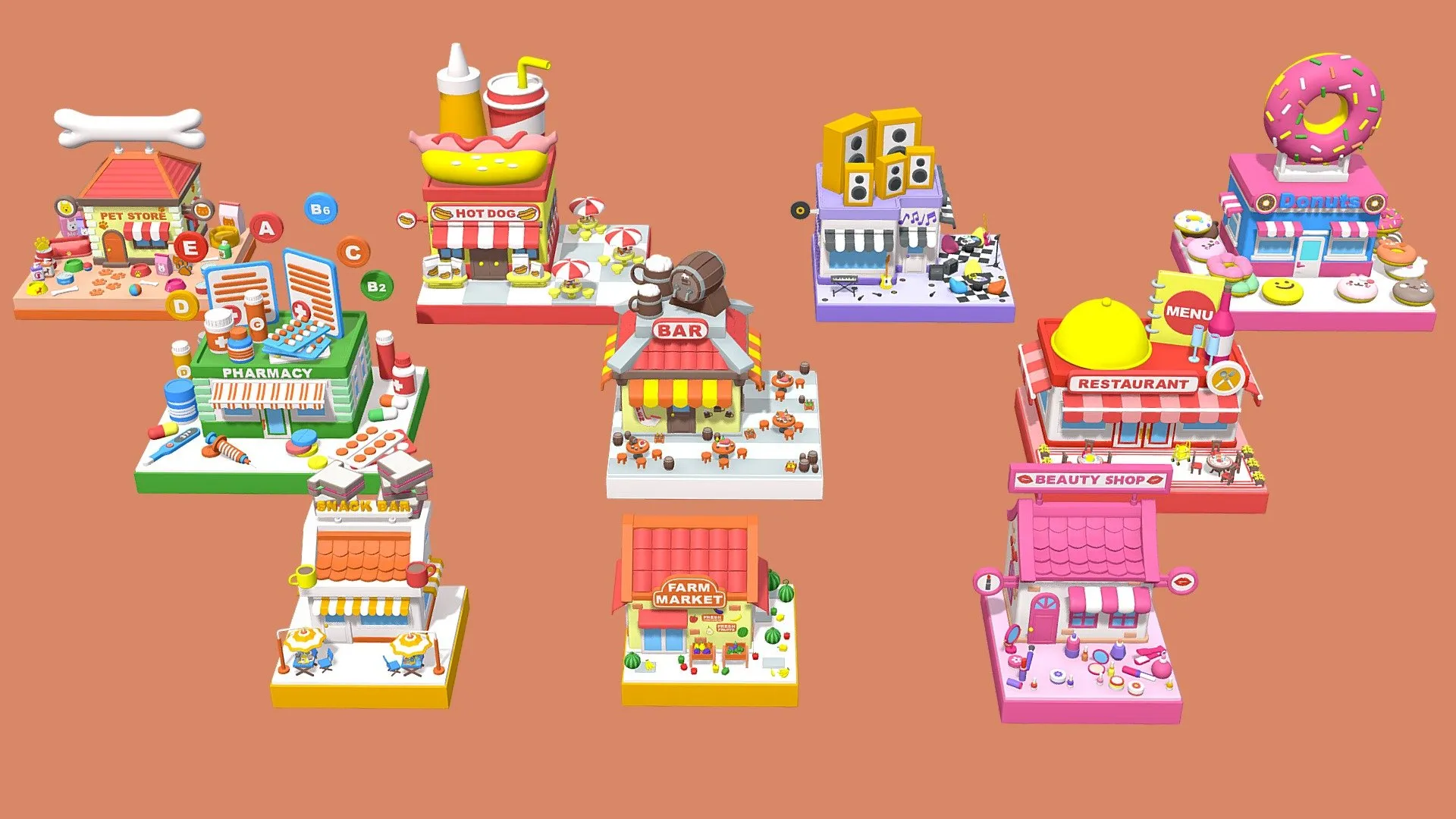 PBR Game 3D Models – Cartoon Stores Eateries Islands Exteriors 2