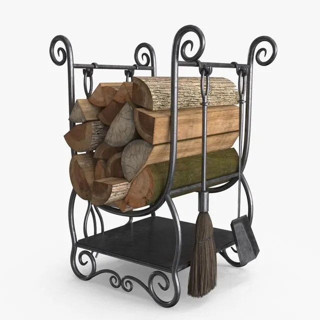 PBR Game 3D Models – Fireplace Tools with Pile of Wood