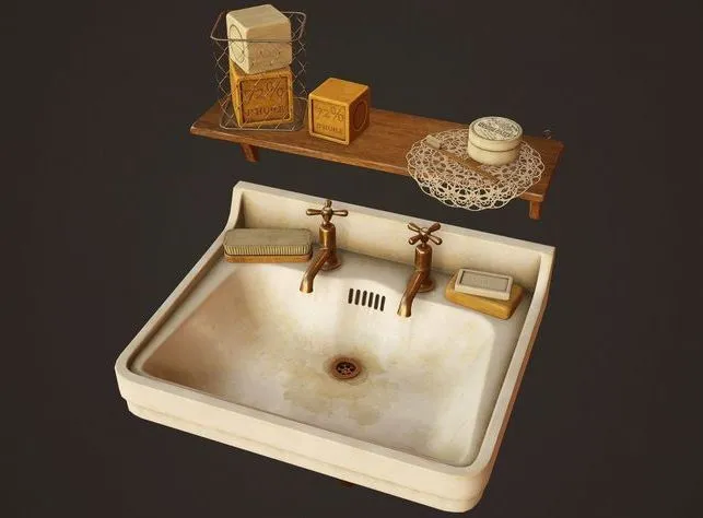 PBR Game 3D Models – Victorian Sink and Bath Props