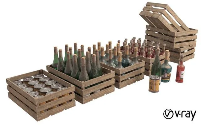 PBR Game 3D Models – Wooden box and bottle