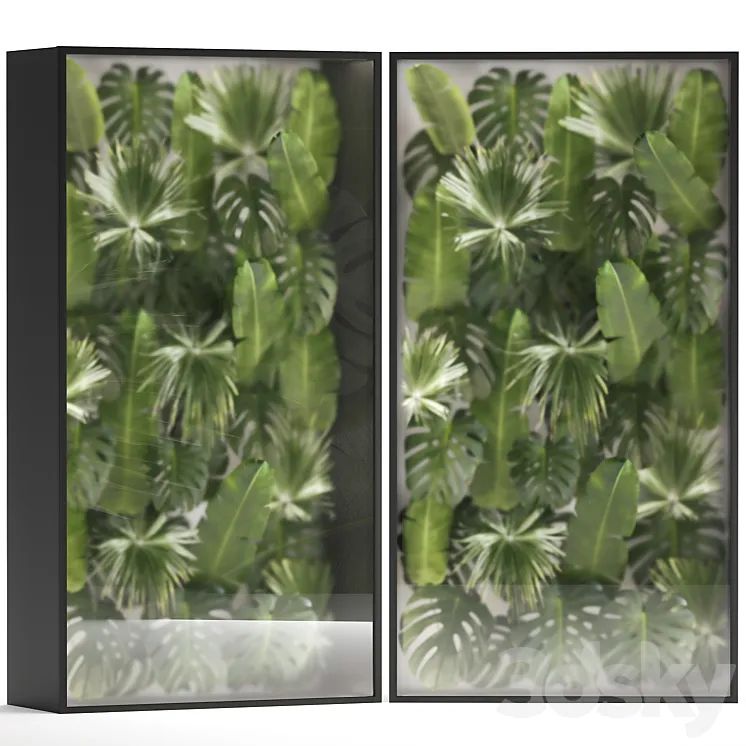 Phytowall and phytobox made of banana palm branches and fan palm leaves in a niche behind a translucent stack. 70. 3DS Max Model