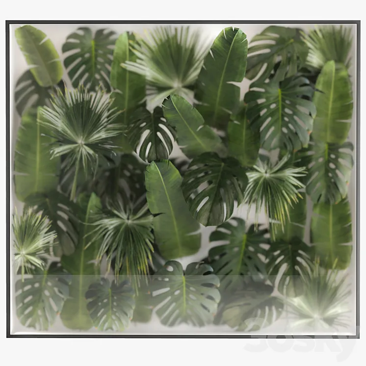 Phytowall and phytobox made of banana palm branches and fan palm leaves in a niche behind a translucent stack. Bouquet 287. 3DS Max