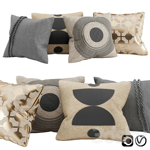 Pillows with gold. black block print and braid 3DSMax File