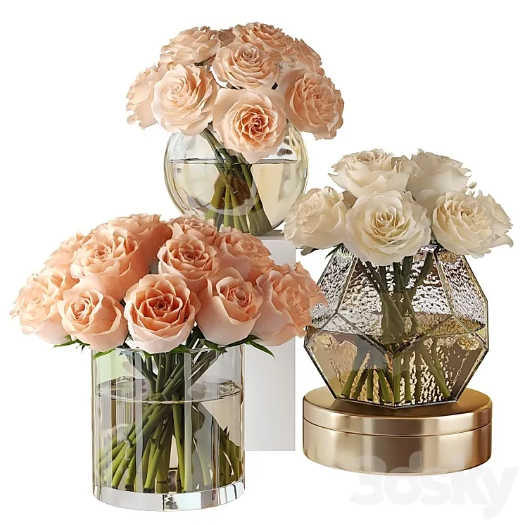 Pink and white roses in glass vases 3DS Max
