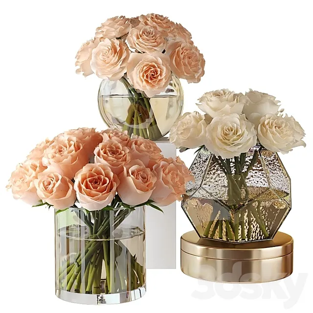 Pink and white roses in glass vases 3DSMax File