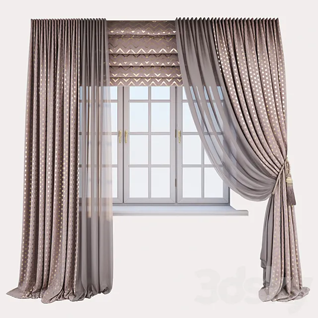 Pink velor curtains with a gold print 3ds Max