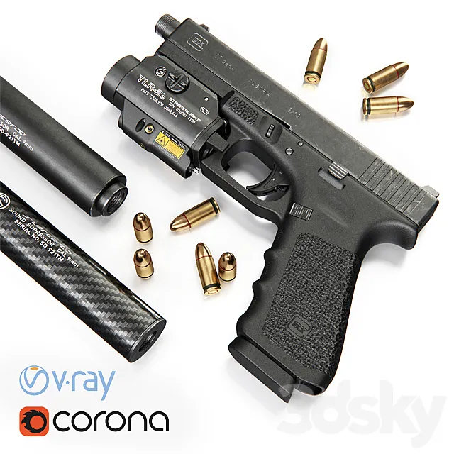 Pistol Glock 17 Gen4 + Flashlight with laser pointer 3DSMax File