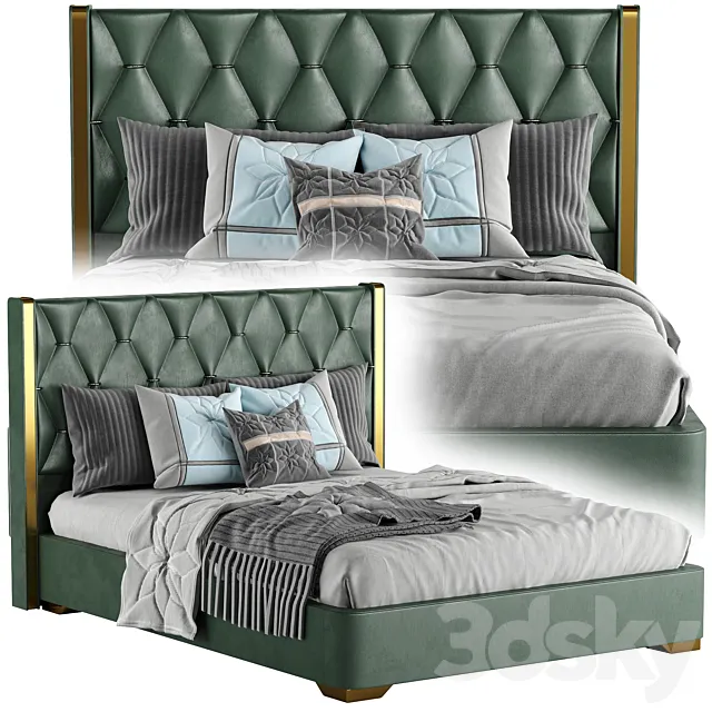 Queen Upholstered Platform Bed Green Low Profile Bed with Wood Slats 3ds Max