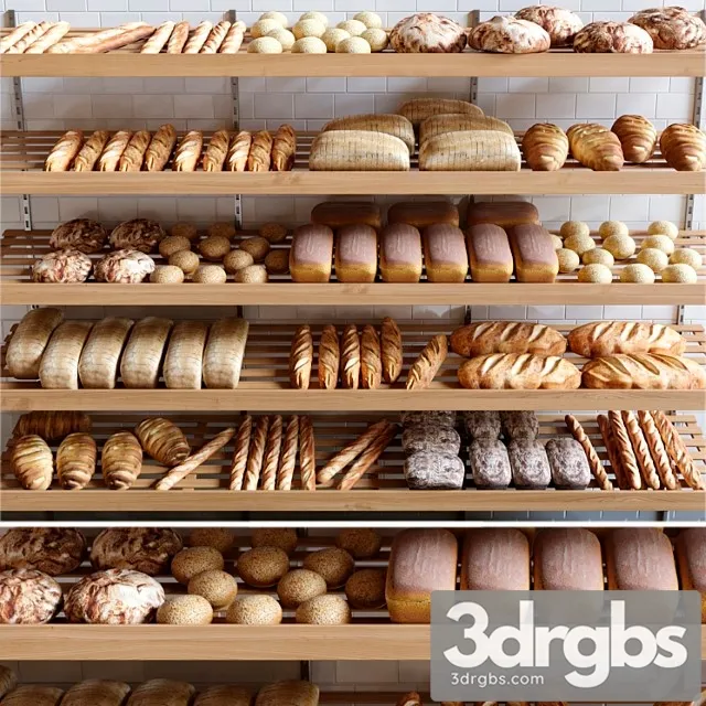 Rack with pastries in a bakery with bread loaf and buns. 3dsmax Download