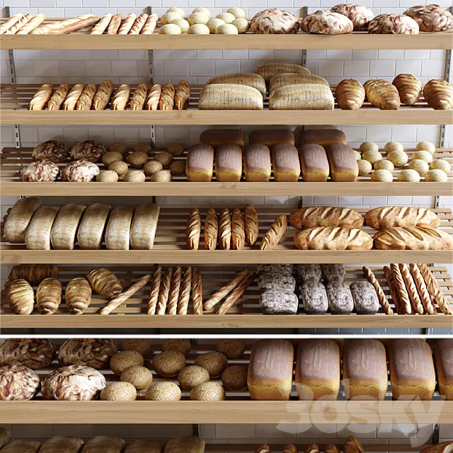 Rack with pastries in a bakery with bread loaf and buns. 3DS Max Model