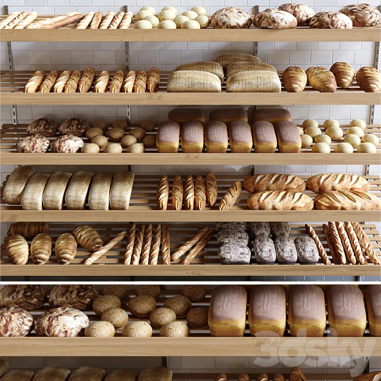 Rack with pastries in a bakery with bread loaf and buns. 3DS Max