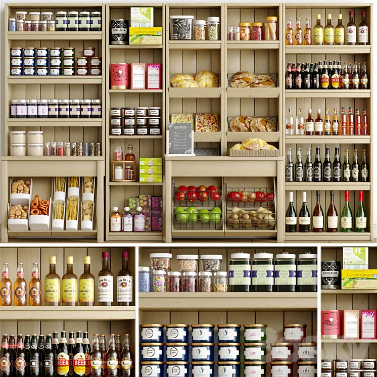 Rack with spices alcohol and pastries in the supermarket 3DS Max