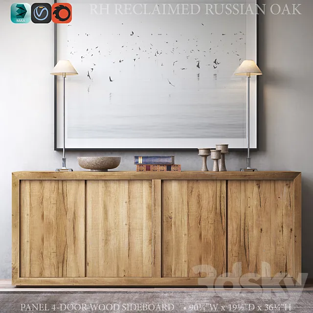 RECLAIMED RUSSIAN OAK PANEL 4-DOOR WOOD SIDEBOARD 3DS Max Model