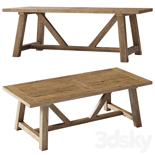 Reclaimed Russian Oak Trestle Rectangular Dining Table 3DS Max Model