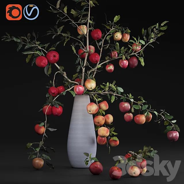 Red Cherry tomato apple branches Dry leaves Vase 3DSMax File