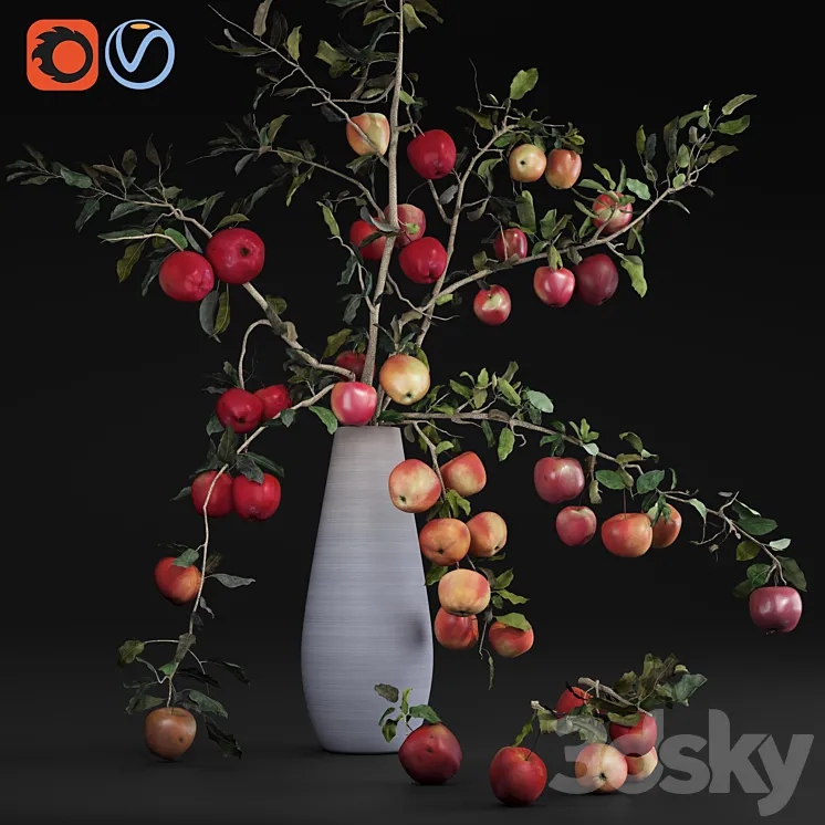 Red Cherry tomato apple branches Dry leaves Vase 3DS Max Model