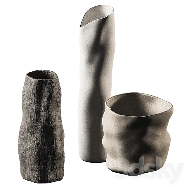 Relief vases and pots. Wavy minimal decor. 3ds Max