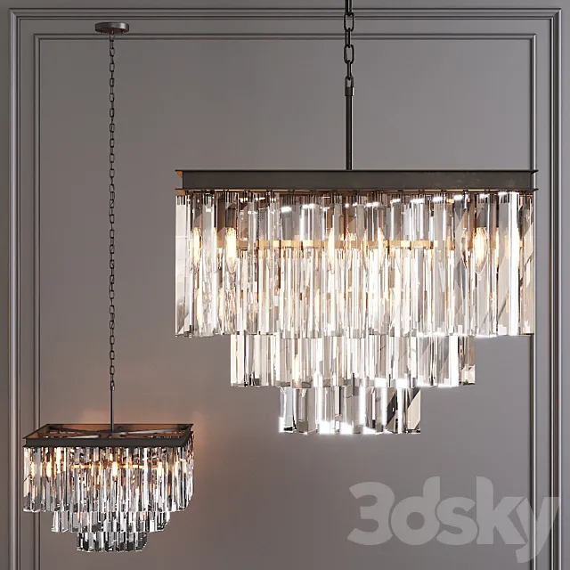 Restoration Hardware 1920S ODEON CLEAR GLASS FRINGE SQUARE 3-TIER CHANDELIER Black 3DS Max Model