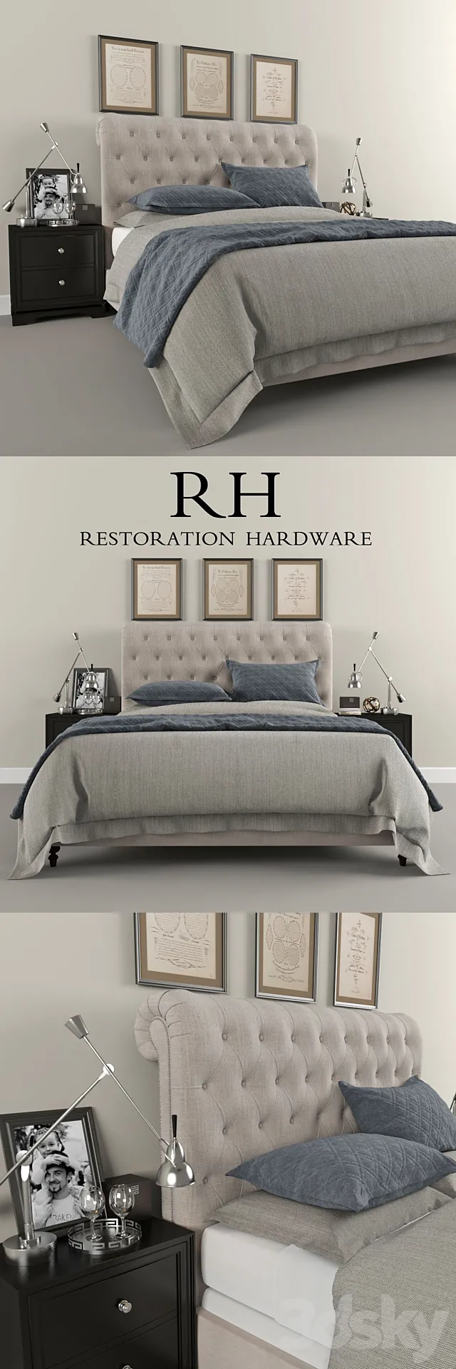 Restoration Hardware Sleigh Chesterfield Fabric bed 3DSMax File