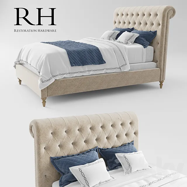 RH Chesterfield Fabric Sleigh Bed 3DSMax File