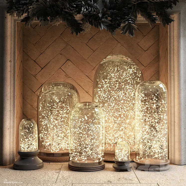 RH French Glass Cloche and Starry string lights 3DS Max
