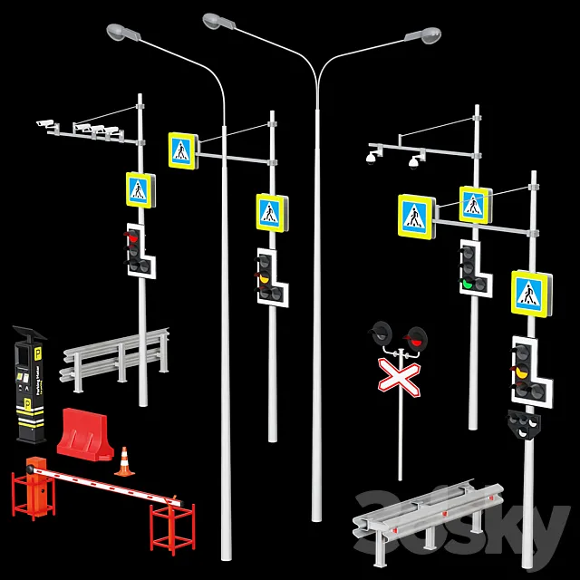 Road elements. Fences traffic lights cameras parking meters. 3ds Max